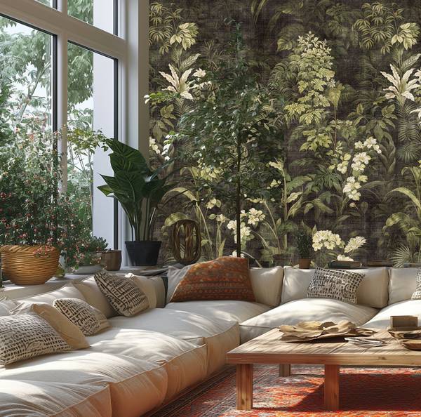 Fototapete Secret Garden Grau - Grün - Weiß - Fleece - Vinyl - 159 x 280 x 1 cm