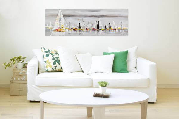 Tableau peint à la main Flotte Voiliers Gris - Coton - 150 x 50 x 4 cm