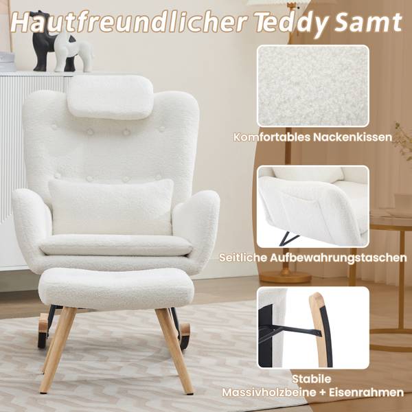Fauteuil Bascule  Mercury Ⅱ（2-él. ） Marron - Blanc - Flanelle - Polyester - Peluche - Chêne - 73 x 102 x 92 cm