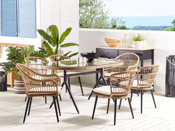 Gartentisch ALIANO II 7-tlg Beige - Schwarz - Blau - Polyrattan - 159 x 85 x 94 cm