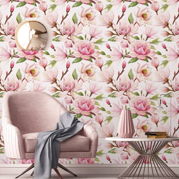 Tapete Blumen MAGNOLIEN Knospen Aquarell Braun - Grün - Pink - Weiß - Fleece - 53 x 1000 x 1000 cm