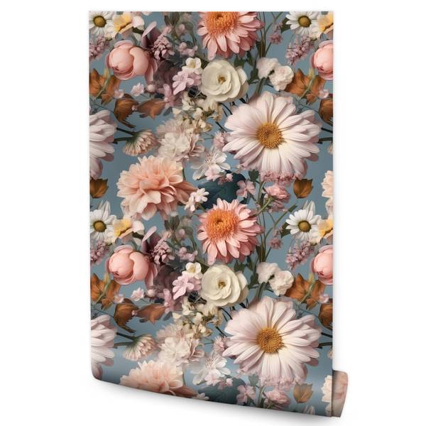 Papier Peint Fleurs Feuilles Plantes Beige - Bleu - Vert - Rose foncé - Polaire - 53 x 1000 x 1000 cm