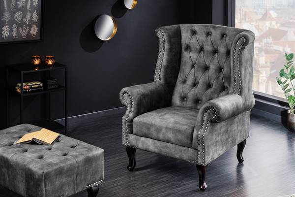 Ohrensessel CHESTERFIELD Grau - Polyester - Samt - 85 x 105 x 75 cm