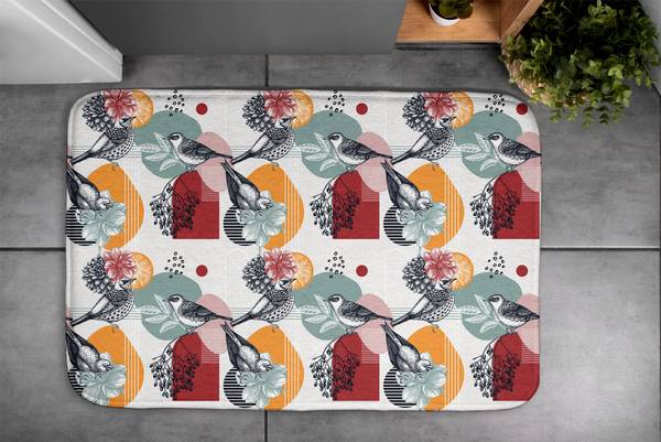 Badteppich Vögel Blumen Muster Weiß - Textil - 90 x 60 x 90 cm