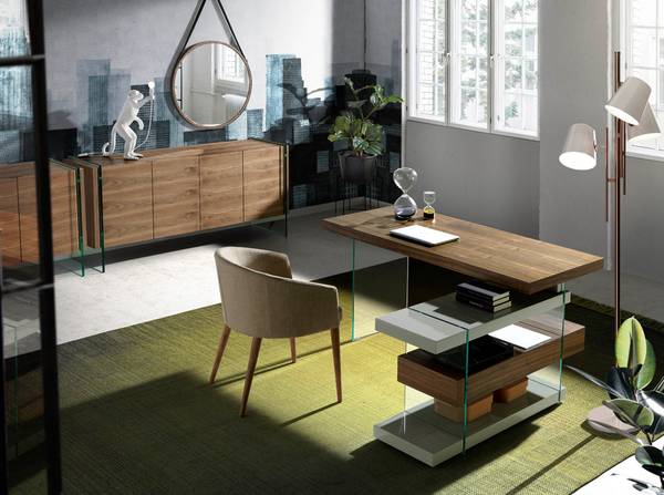 Bureau 3003 Marron - Gris - Noyer - Cristal - Verre de sécurité - 140 x 75 x 127 cm