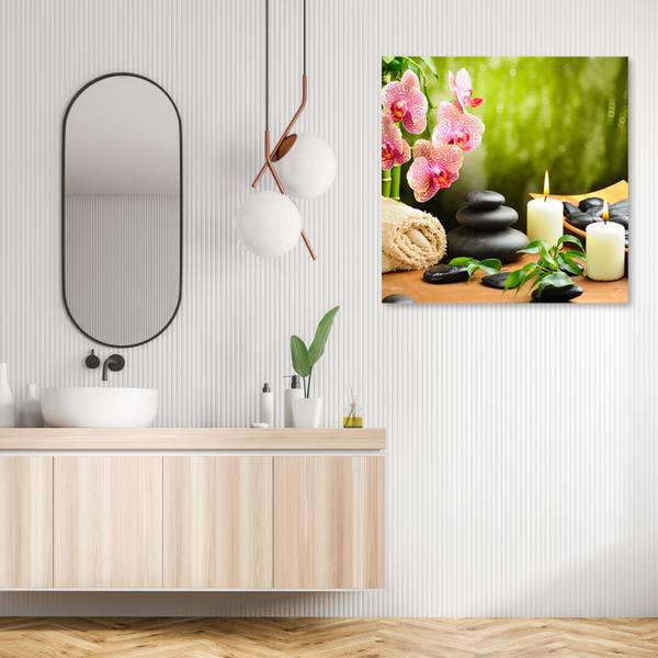 Tableau déco bougies orchidée et pierres 30 x 30 cm