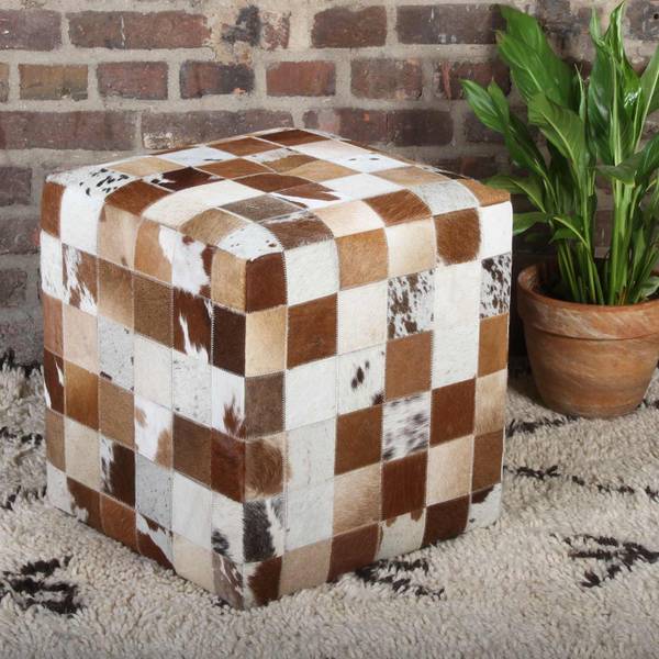 Patchwork Fellhocker Jaspal Beige - Holzwerkstoff - Echtfell - 45 x 45 x 45 cm