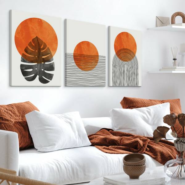 Leinwandbilder BLÄTTER Boho 3-er Set Beige - Schwarz - Orange - Leinen - 90 x 40 x 40 cm