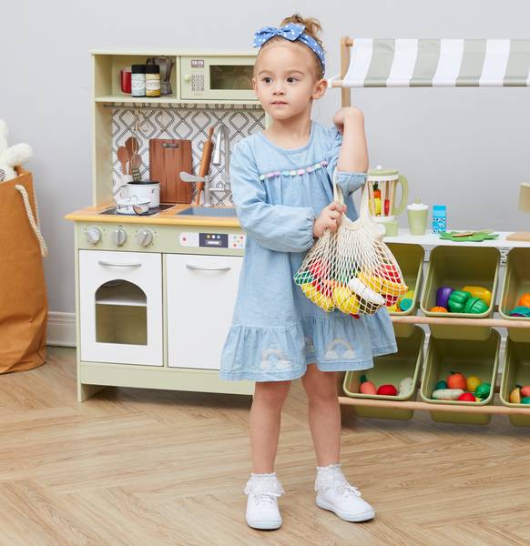 Fruitset légumes avec filet à provisions Vert - En partie en bois massif - 6 x 27 x 32 cm