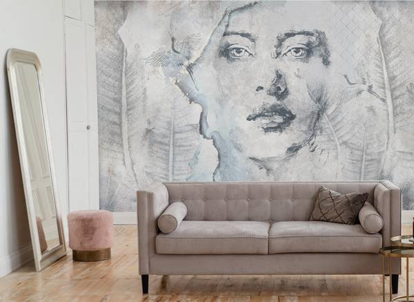 Fototapete Frau PORTRÄT Blätter Beton 360 x 240 x 240 cm