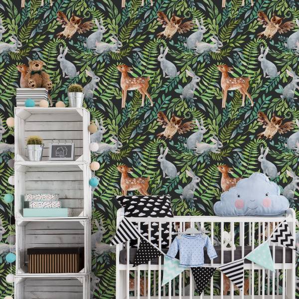 Papier Peint ANIMAUX Feuilles Nature Noir - Marron - Gris - Vert - Polaire - 53 x 1000 x 1000 cm