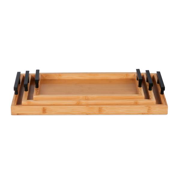 Tablett 3er Set aus Bambus Schwarz - Braun - Holzwerkstoff - Metall - 50 x 7 x 30 cm
