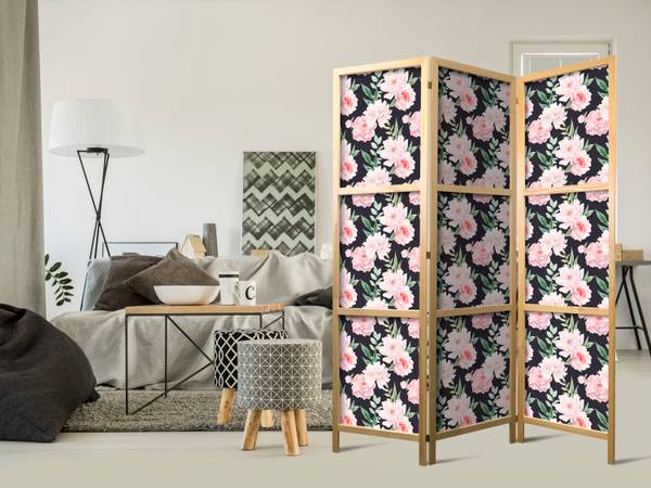 Paravent Blumen Natur 3-tlg Schwarz - Grün - Pink - Holzwerkstoff - Textil - 135 x 172 x 3 cm
