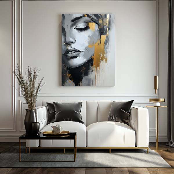 Afbeelding Het gezicht VROUW beige - zwart - bruin - grijs - linnen - 40 x 60 x 60 cm