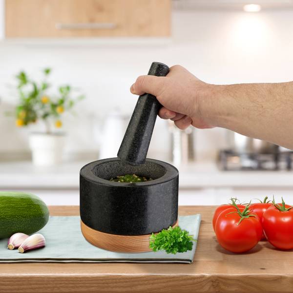 Mörser mit Stößel und Holzuntersetzer Schwarz - Braun - Grau - Granit - 14 x 10 x 14 cm
