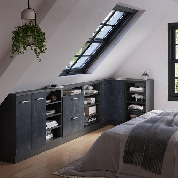 Eck-Küchenschrank für Dachschrägen 59095 Anthrazit - Beton Dekor - Dunkelgrau - Tiefe: 46 cm