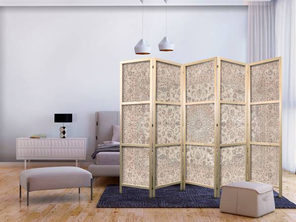 Paravent Mandala Muster 5-tlg Beige - Blau - Grau - Holzwerkstoff - Textil - 225 x 172 x 3 cm