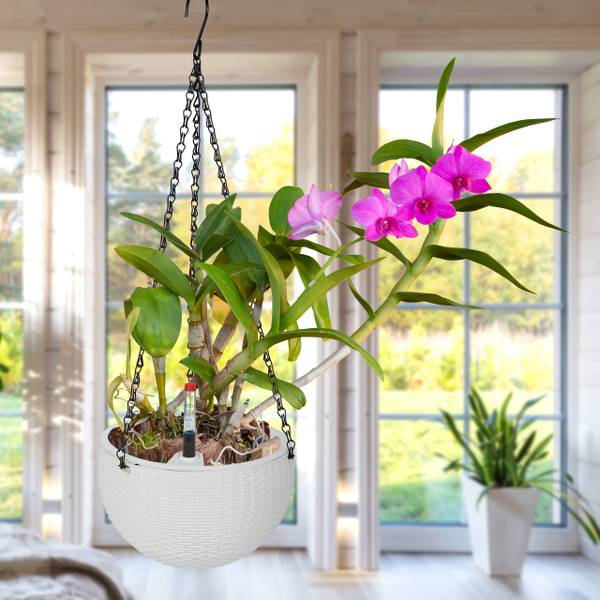 Blumenampel mit Wasserspeicher 2er Set Schwarz - Weiß - Eisen - 19 x 54 x 19 cm