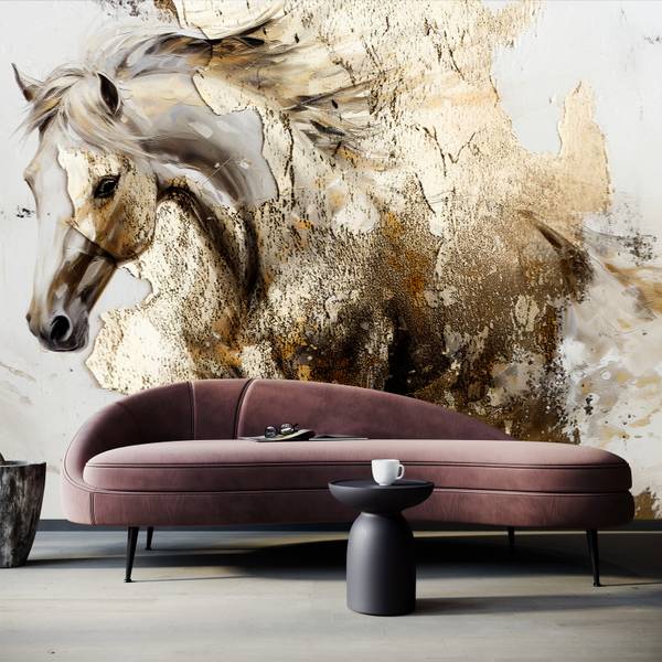 Papier Peint CHEVAL Béton Abstraction Beige - 270 x 180 x 180 cm