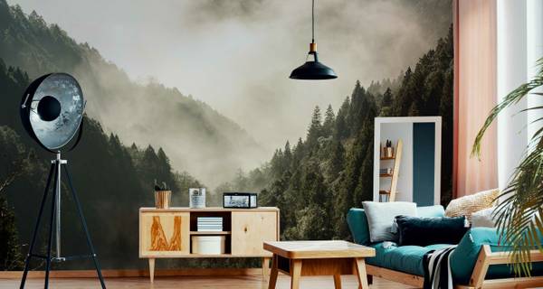 Fototapete WALD IM NEBEL Bäume Natur 3D Grün - Fleece - 135 x 90 x 90 cm