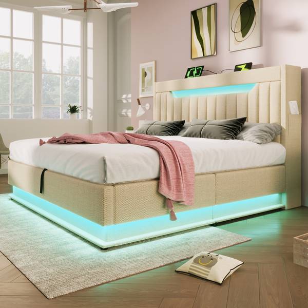 Gestoffeerd bed LEINLade Ⅱ beige - linnen - 142 x 112 x 208 cm