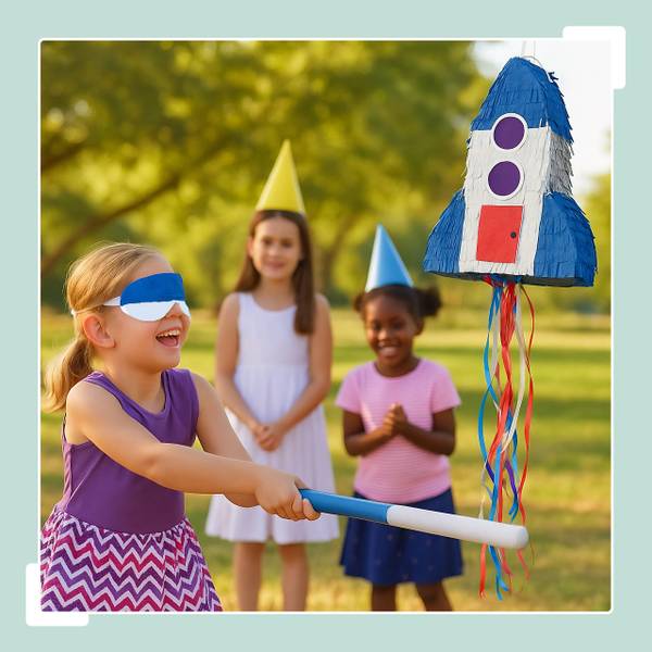 Pinata Set Rakete mit Stab und Maske Blau - Rot - Silber - Papier - Kunststoff - 30 x 40 x 9 cm