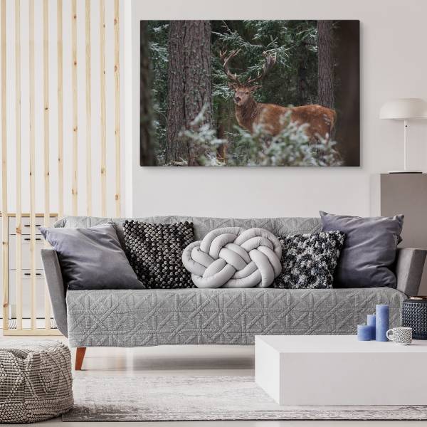 Leinwandbild Hirsch WALD Winter Bäume 3D 40 x 30 x 30 cm