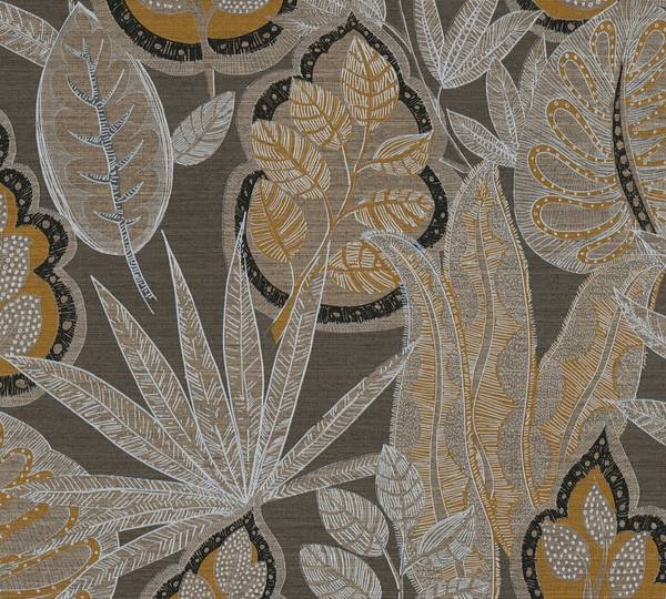 Botanische Vliestapete Pflanzen Braun - Orange - Taupe - Weiß