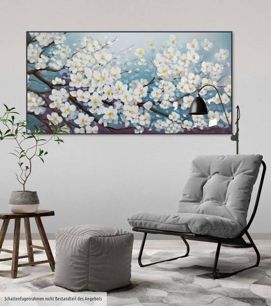 Acrylbild Handgemalt Blüten Zap Blau - Weiß - Baumwollstoff - 140 x 70 x 4 cm
