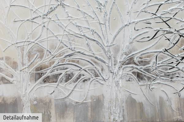 Tableau peint à la main Branche argentée Beige - Blanc - Coton - 120 x 60 x 4 cm