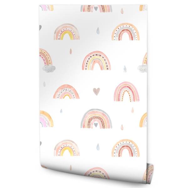 TAPETE Wolken Regenbogen Herzen Aquarell Beige - Grau - Rot - Weiß - Papier - 53 x 1000 x 1000 cm