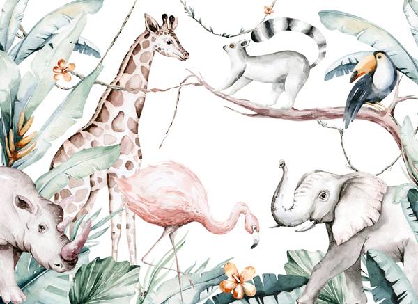 Fototapete Safari Tiere Illustration Beige - Schwarz - Braun - Grau - Grün - Orange - Pink - Vinyl - 350 x 255 x 1 cm
