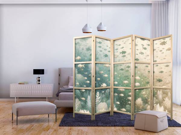Paravent Fisch Korallenriff 5-tlg Beige - Braun - Grün - Holzwerkstoff - Textil - 225 x 172 x 3 cm
