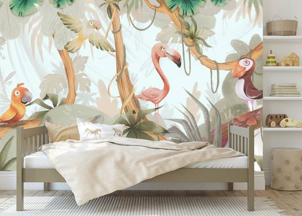 Papier Peint Pour Enfant OISEAUX Plantes Beige - 300 x 210 x 210 cm