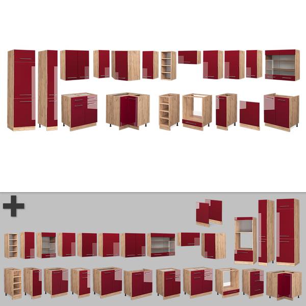 Eckküche Fame-Line 47340 19er Set Hochglanz Bordeaux - Eiche Dekor