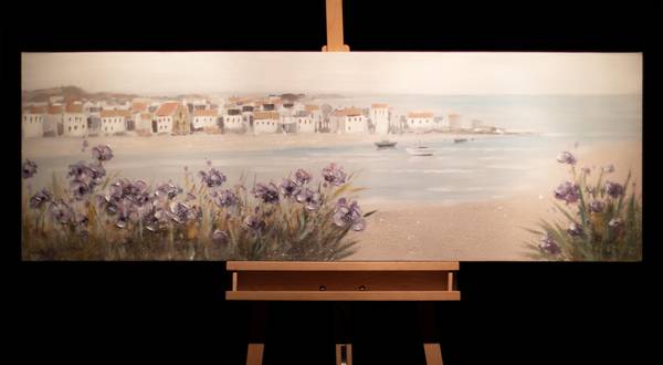 Tableau peint à la main Fleur Côtière Bleu - Coton - 150 x 50 x 4 cm