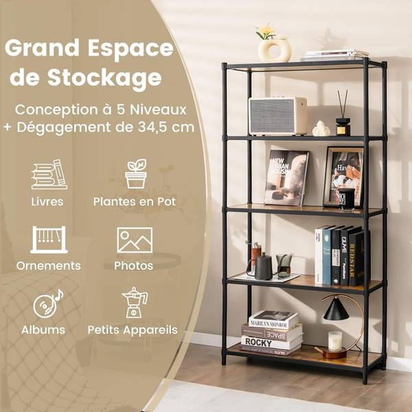 Bibliothèque Étagère JV10678DK Noir - Bois manufacturé - 80 x 154 x 29 cm