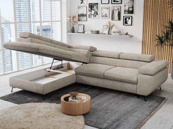 Ecksofa PETER L Greige - Ecke davorstehend links - Ottomane davorstehend links - Schlaffunktion davorstehend links - Strukturstoff - Webstoff