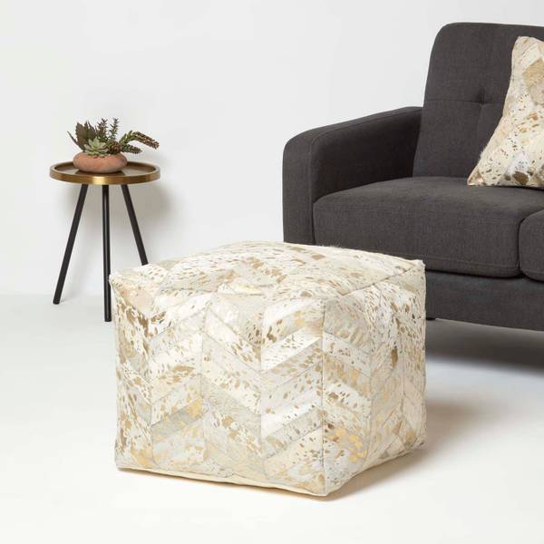 Chevron-Muster Patchwork-Pouf Echtleder - 50 x 40 x 50 cm