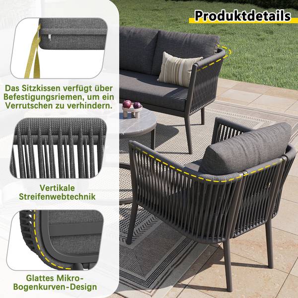 Set lounge jardin Gaia II (6-él.) Gris - Verre - Métal - Matière plastique - Textile - 176 x 75 x 176 cm