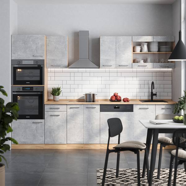 Complete keukeneenheid R-Line 53879 bruin - grijs - chroom - 300 x 207 x 60 cm