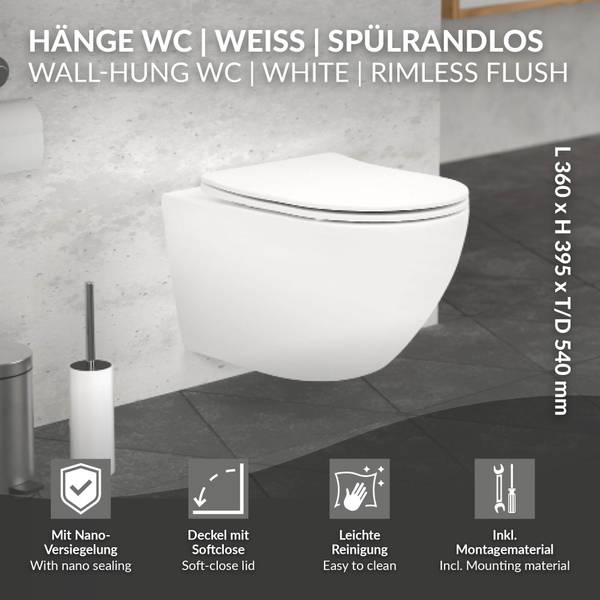 Wand-WC VERONA Weiß - Keramik - 36 x 36 x 54 cm