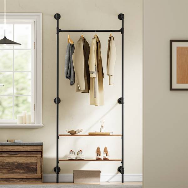 Kleiderstange Wandgarderobe KLS20-SCH Schwarz - Metall - Massivholz - 48 x 220 x 92 cm