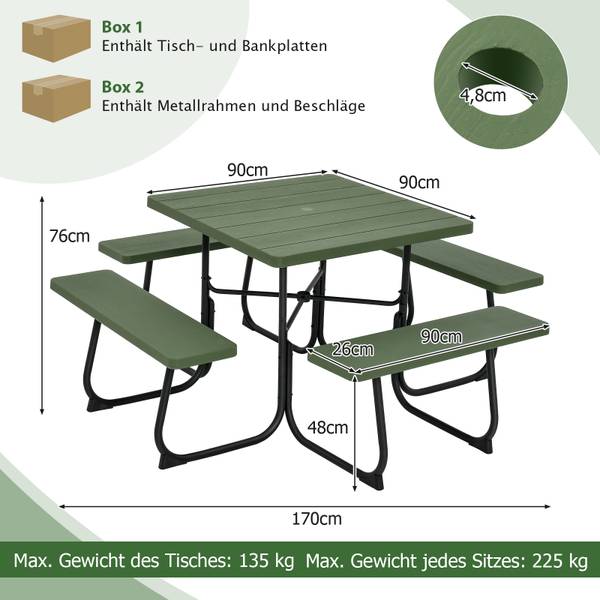 Picknicktisch ZB33487XE+DE Grün - Metall - 170 x 76 x 170 cm