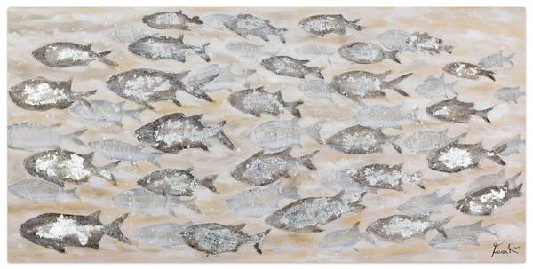 Acrylbild Handgemalt Fische Yi Beige - Grau - Baumwollstoff - 120 x 60 x 4 cm