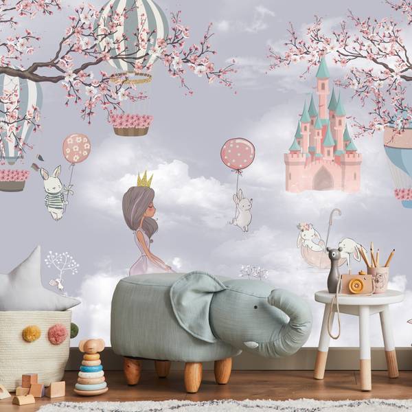 Papier Peint LAPINS Fleurs Ballons Nuage 180 x 120 x 120 cm