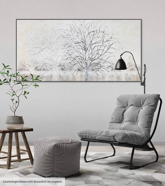 Tableau peint à la main Branche argentée Beige - Blanc - Coton - 120 x 60 x 4 cm