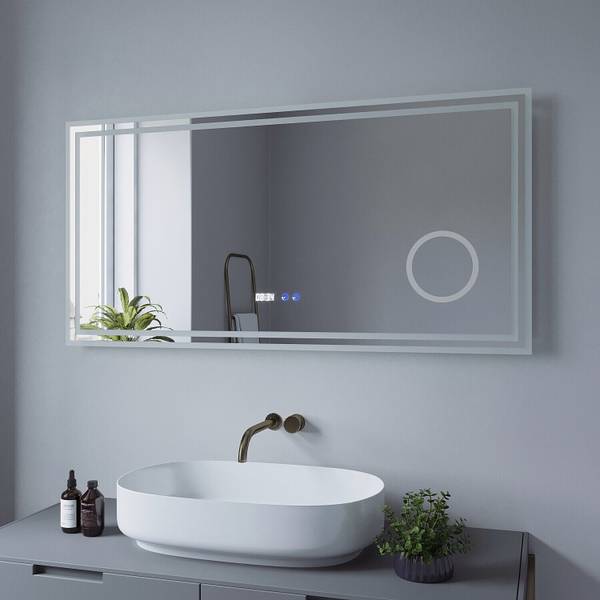 LED Badspiegel Kosmetikspiegel mit Uhr Silber - Glas - 120 x 60 x 5 cm