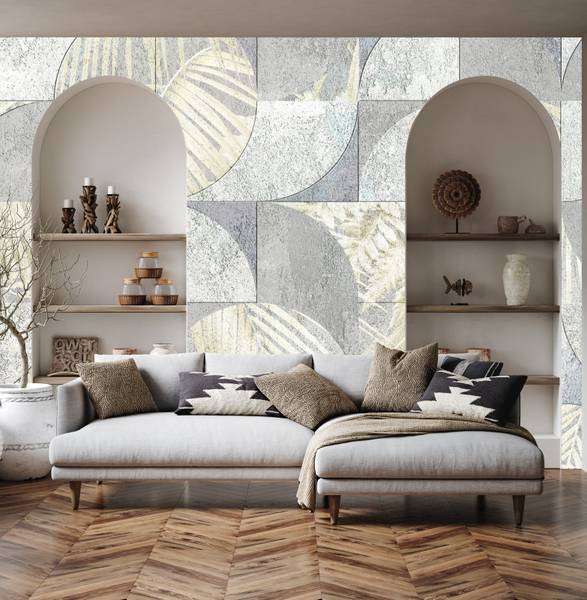 Vlies-Fotobehang BETON Bladeren Natuur lichtgrijs - 405 x 270 x 270 cm