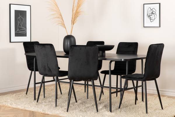 Essgruppe Uno + Windu (7-teilig) Schwarz - Samt - 200 x 74 x 90 cm